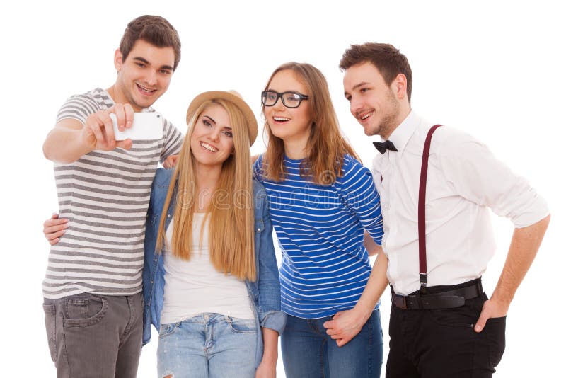 Four stylish young people on white background