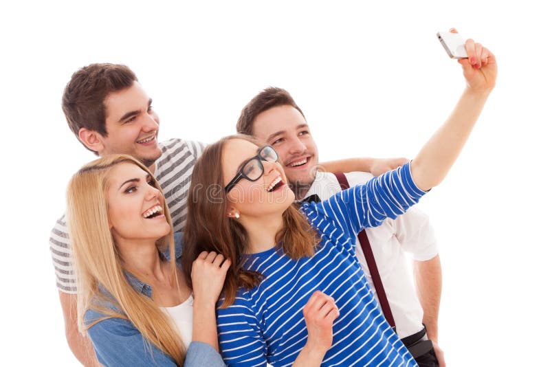 Four stylish young people on white background