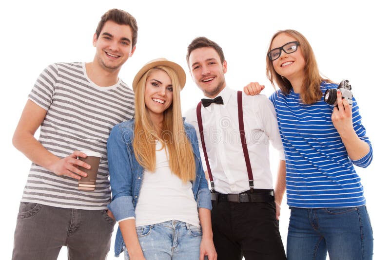 Four stylish young people on white background