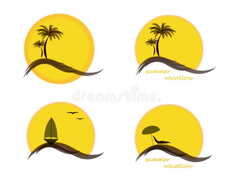 Four summer logo with sun, palm trees, ocean or sea, sailing ship and beach, vector illustration isolated on white stock illustration Four summer logo with sun, palm trees, ocean or sea, sailing ship and beach, vector illustration isolated on white stock illustration