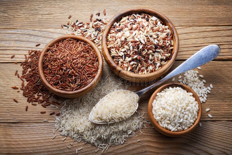 Four Types of Rice Basmati, Mix Long Grain, Arborio and Red Rice. Top