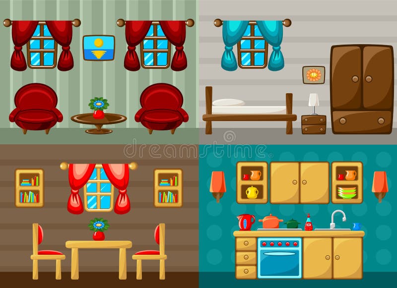 Four Vector Rooms - Bedroom, Drawing Room, Dining Room and Kitchen. Stock Vector - Illustration of cartoon, window: 58459483 Four Vector Rooms - Bedroom, Drawing Room, Dining Room and Kitchen. Stock Vector - Illustration of cartoon, window: 58459483