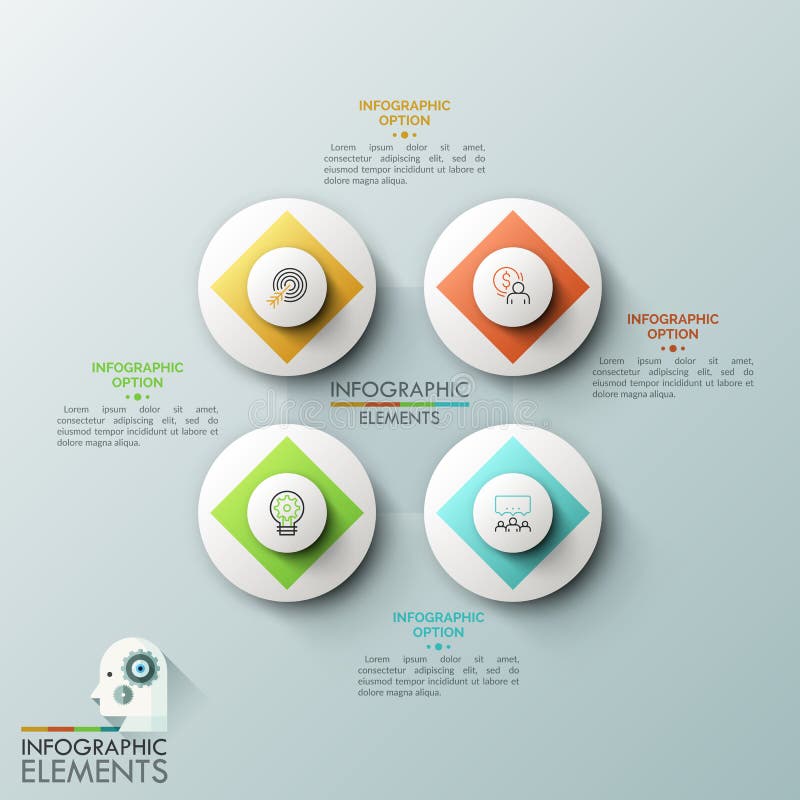 Four white circular elements with thin line pictograms inside surrounded by text boxes. Elements of web application vector illustration Four white circular elements with thin line pictograms inside surrounded by text boxes. Elements of web application vector illustration