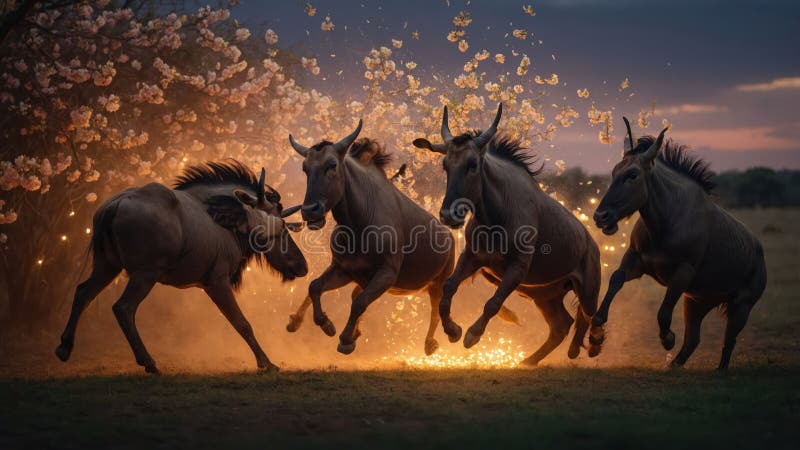 Majestic Blue Wildebeest Herd Running Through Cherry Blossom Shower at Sunset stock illustration