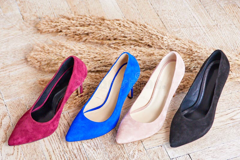 Four Women`s Shoes Red, Blue, Beige, Black on a Background of Stalks of ...