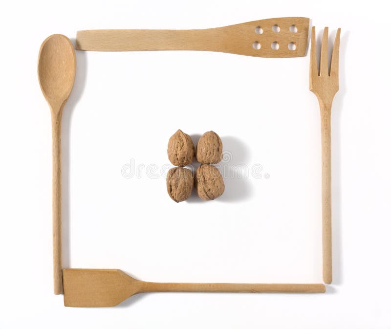 Four Wooden Kitchen Tools and Four Walnuts Stock Image Image of