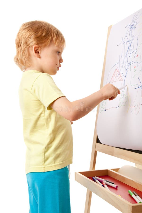Fouryear Old Boy Drawing Picture on Easel Stock Photo Image of easel