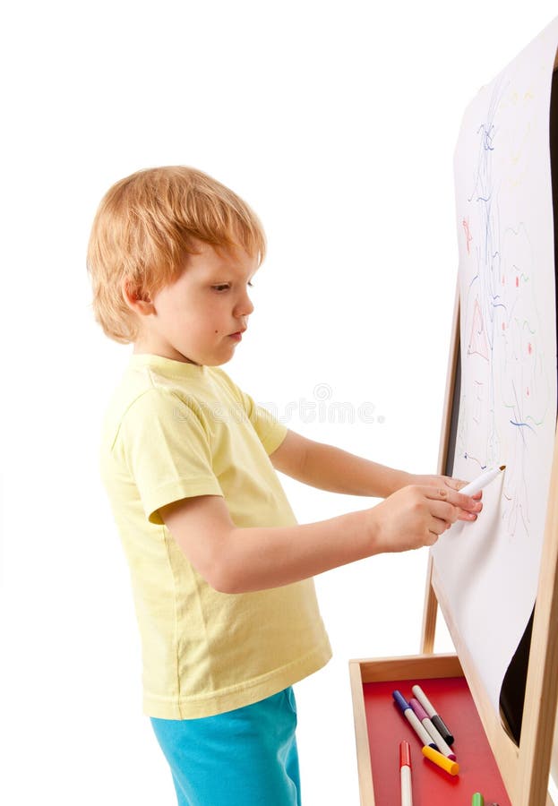 Fouryear Old Boy Drawing Picture on Easel Stock Image Image of