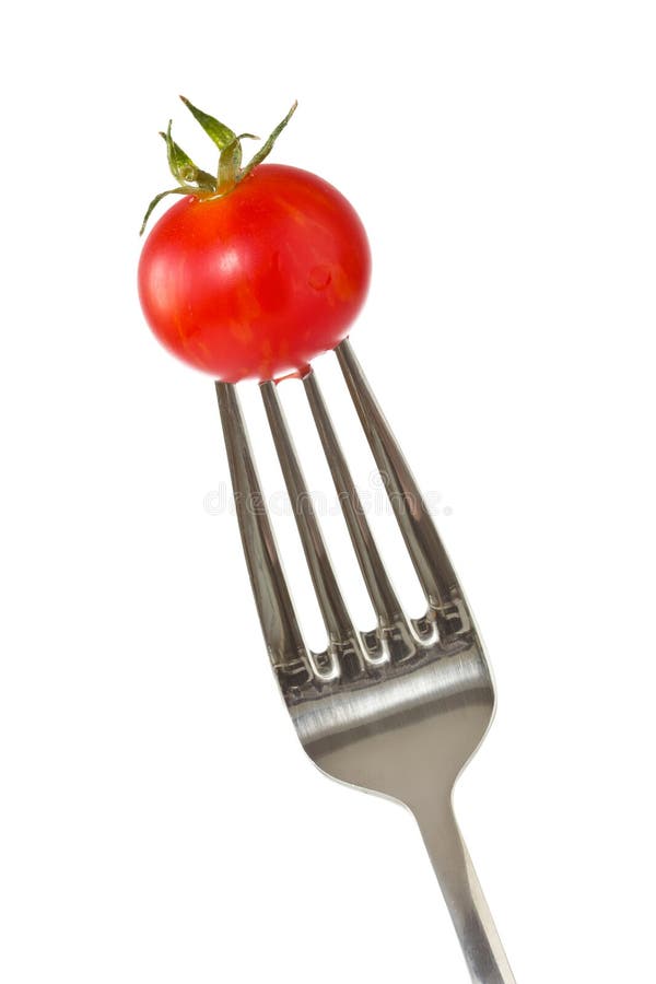 Fourchette avec une petite tomate rouge photo libre de droits Fourchette avec une petite tomate rouge photo libre de droits