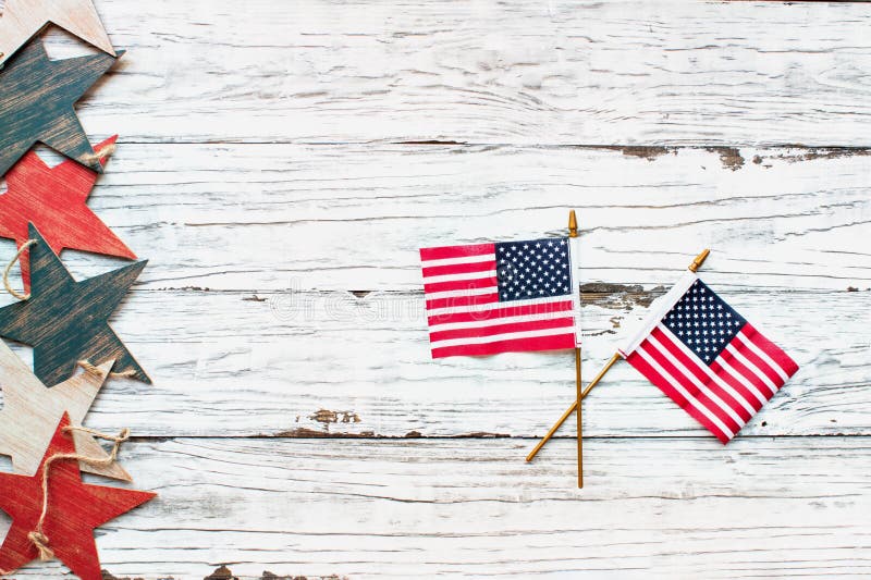 Fourth of July  Background with Wooden Stars and American Flags