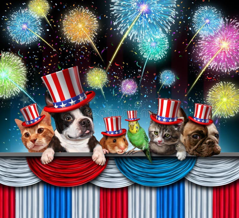 Fourth of July pet celebration and Independence day pets celebrating the United States and national federal holiday with dog puppy cat and kitten including bird and hamster wearing hats with 3D illustration elements