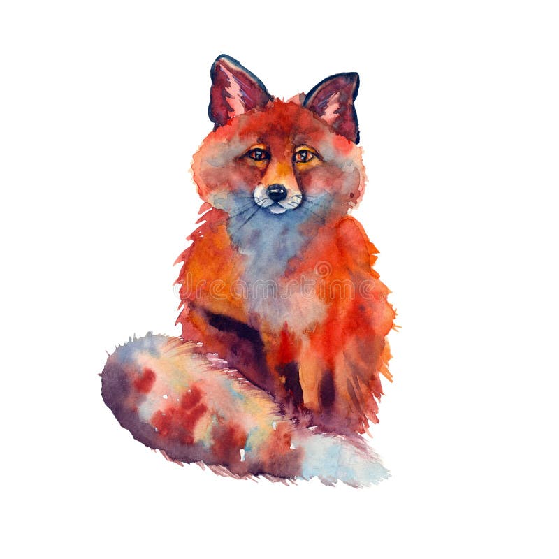 Fox Animal Watercolor Illustration. Wild Cute Red Fox Sitting. Wildlife Furry Animal with Red Fur and Black Paws Stock - Illustration of wallpaper, 254481943