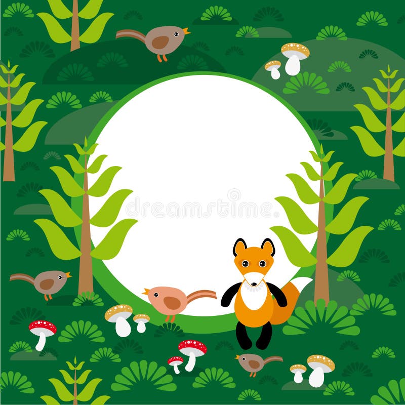 Fox background green forest with fir trees mushrooms birds.