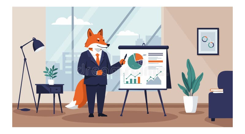 Fox in business suit presenting financial data on flip chart in office vector illustration vector illustration