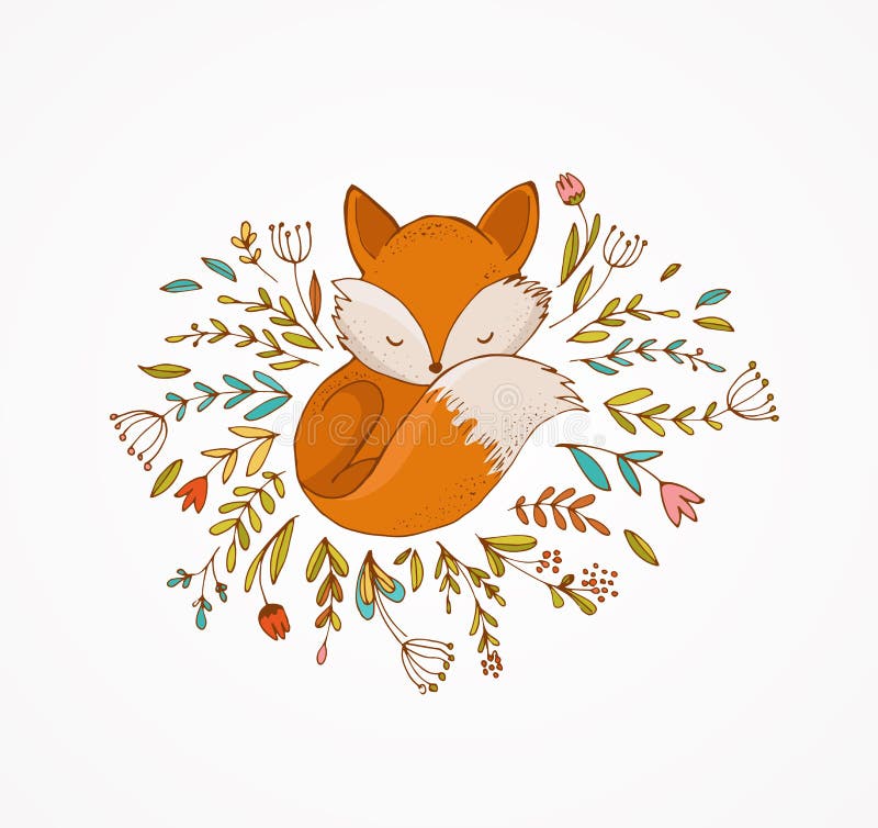 Fox, der auf den Blumen - reizende Illustration und Karte schläft