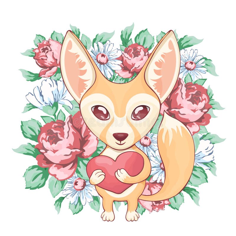 Fox Fenech Funny Cute Cartoon Hand Drawing, Animal Character. Red