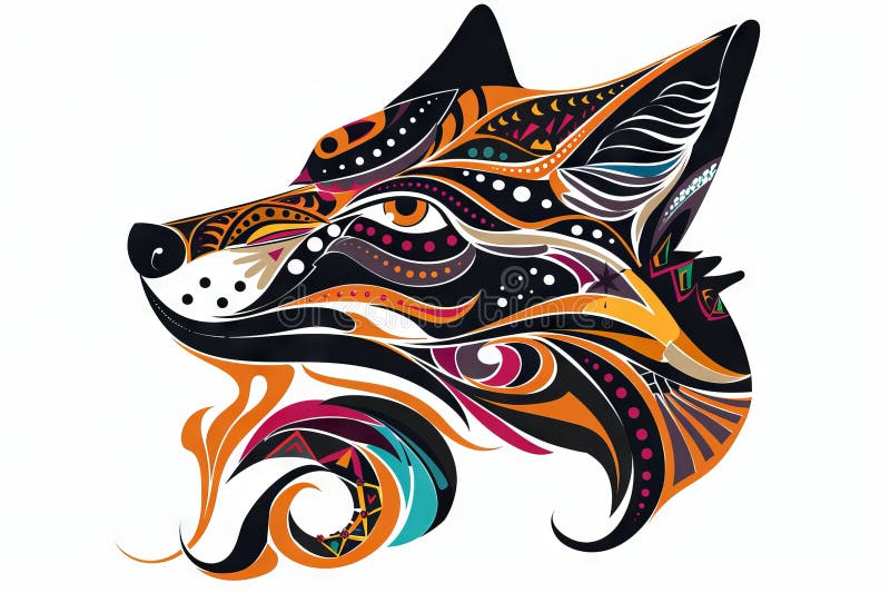 Fox head silhouette featuring colorful tribal designs. vector illustration
