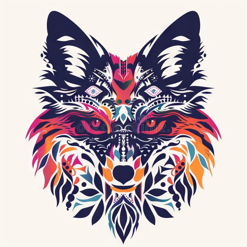Fox head silhouette featuring colorful tribal ornaments. stock illustration