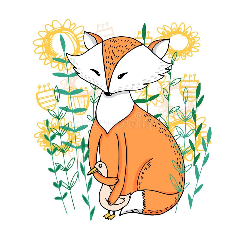 Fox i kaczka w kwiatach royalty ilustracja Fox i kaczka w kwiatach royalty ilustracja