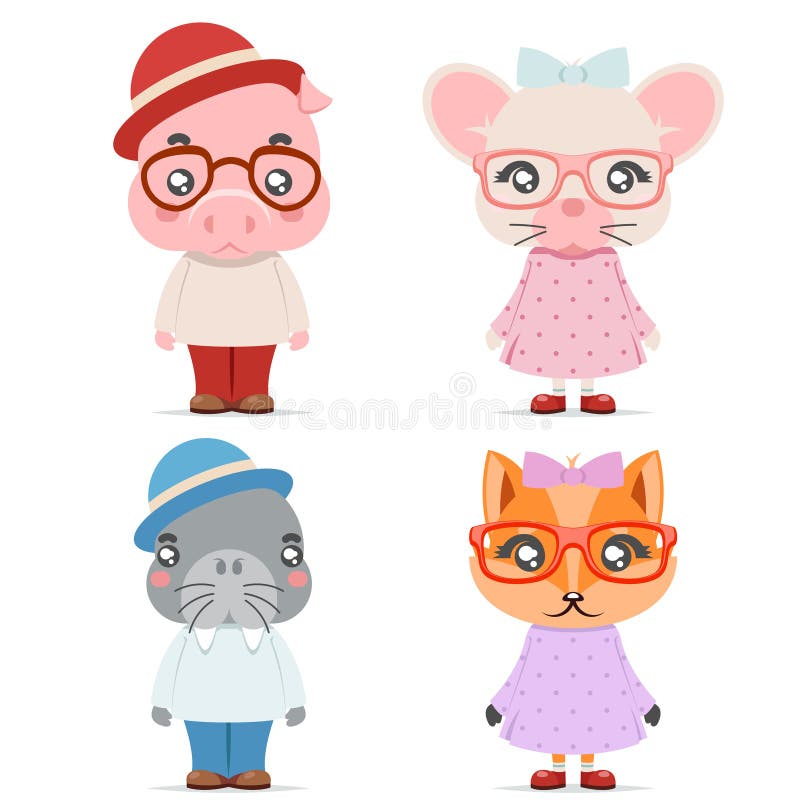 Fox mice pig walrus cute animal boy girl cubs mascot cartoon icons set flat design vector illustration vector illustration Fox mice pig walrus cute animal boy girl cubs mascot cartoon icons set flat design vector illustration vector illustration