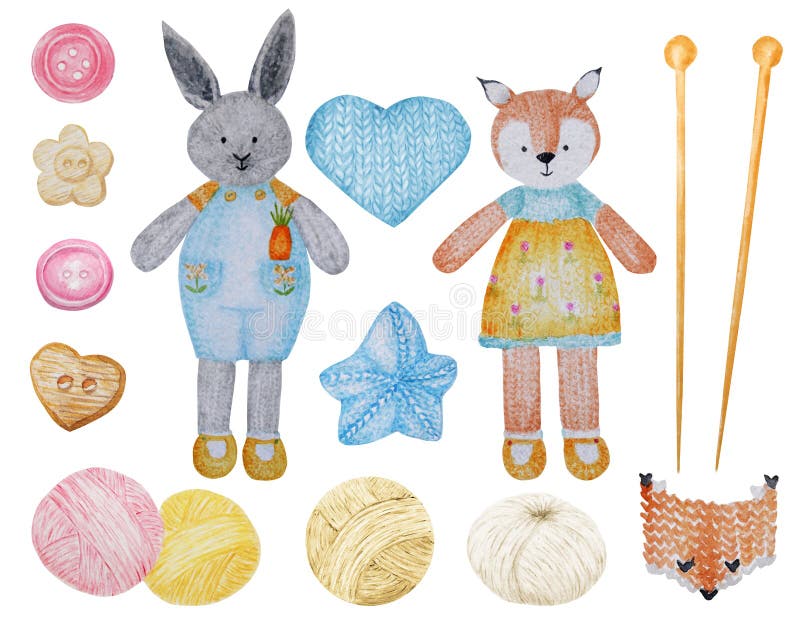 Fox tricoté par aquarelle et lapin, ensemble mignon de Clipart de fil de laine Collection de jouets tricotés tirés par la main, b illustration libre de droits Fox tricoté par aquarelle et lapin, ensemble mignon de Clipart de fil de laine Collection de jouets tricotés tirés par la main, b illustration libre de droits