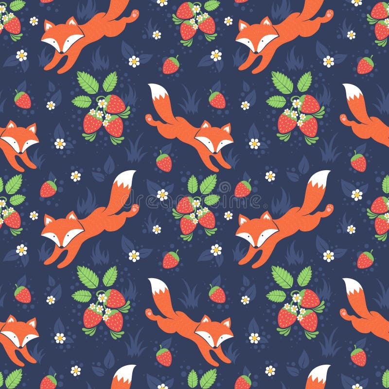 Foxes and wild strawberries seamless pattern