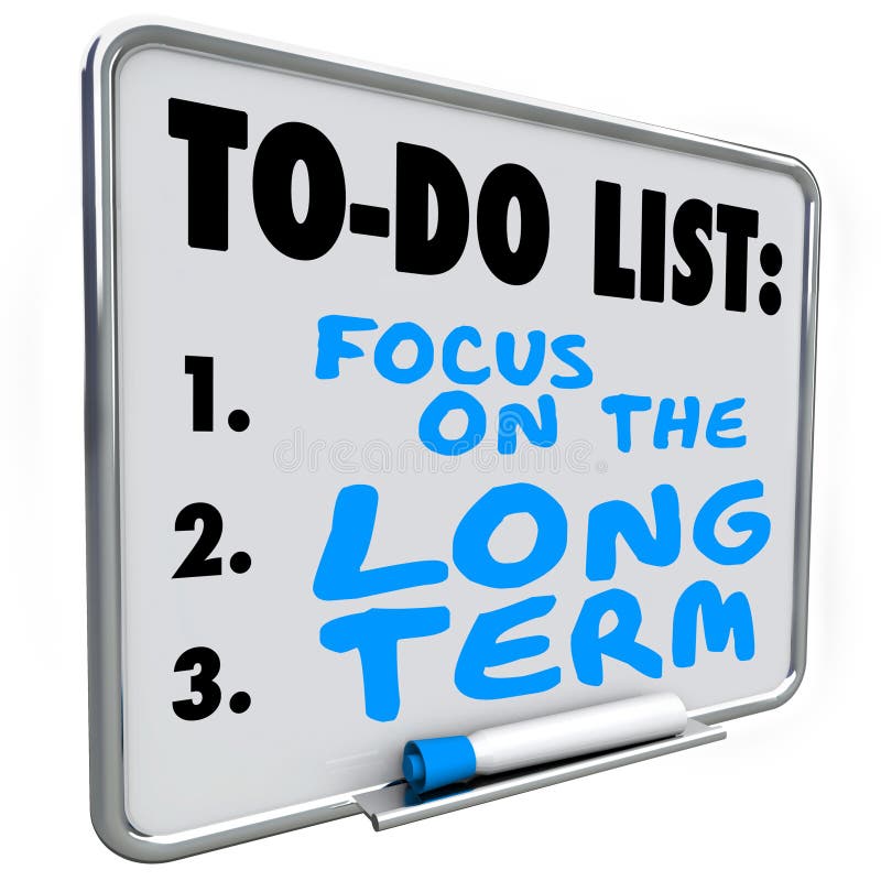 Focus on the Long Term words written on a dry erase board to illustrate investing and working toward lasting results or outcome. Focus on the Long Term words written on a dry erase board to illustrate investing and working toward lasting results or outcome