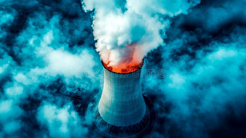 Fpv drone che cattura una centrale nucleare che emette vapore e nuvole fotografie stock