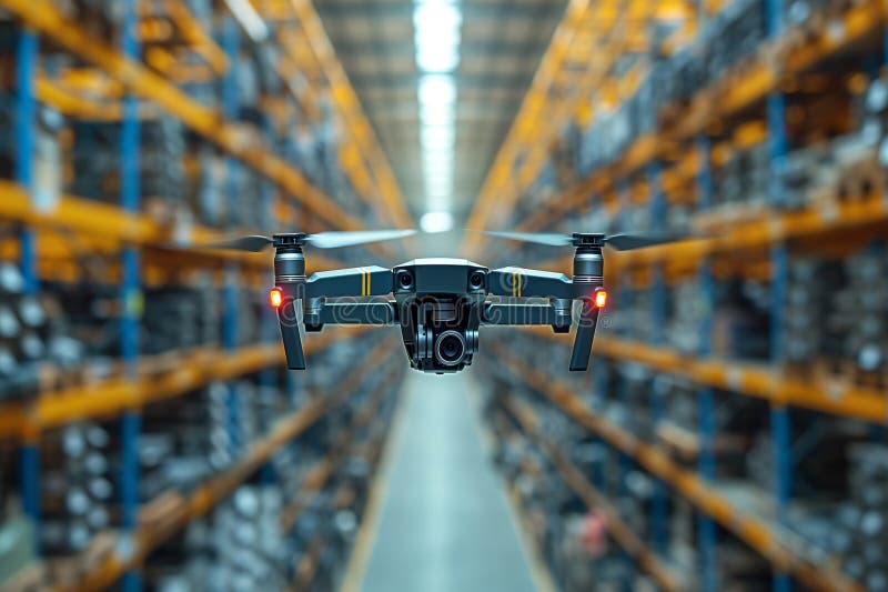Fpv-drone flyger genom lagret. drönare med digitalkamera, modern, innovativ teknologipaketdryck. smart. Automatisk logistikhantering för smarta automatiseringsleveransinnovationer.