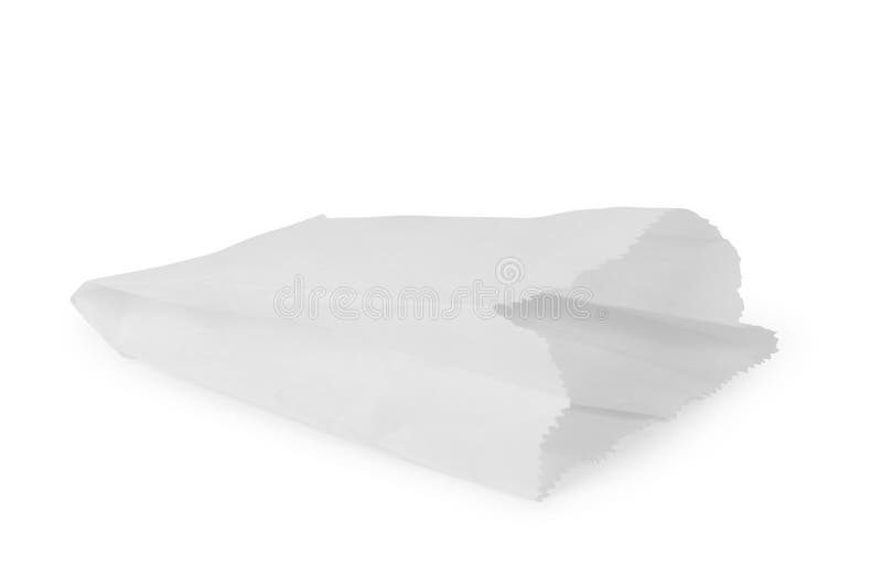 Fr?mre sikt av den tomma packen f?r pappers- p?se f?r mellanm?l som isoleras p? vit med den snabba banan royaltyfri foto Fr?mre sikt av den tomma packen f?r pappers- p?se f?r mellanm?l som isoleras p? vit med den snabba banan royaltyfri foto