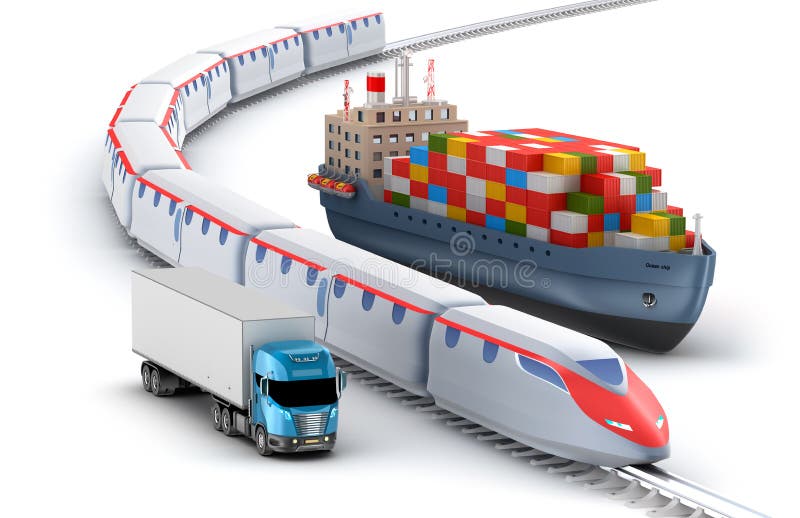 Frachttransport durch LKW, Schiene und Schiff
