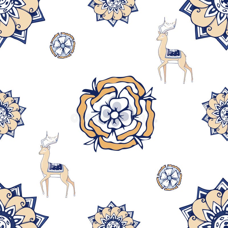 Fractal blue flowers and antilopa. An elegant bright illustration with flowers. India style. Pattern for design of fabric, royalty free illustration Fractal blue flowers and antilopa. An elegant bright illustration with flowers. India style. Pattern for design of fabric, royalty free illustration