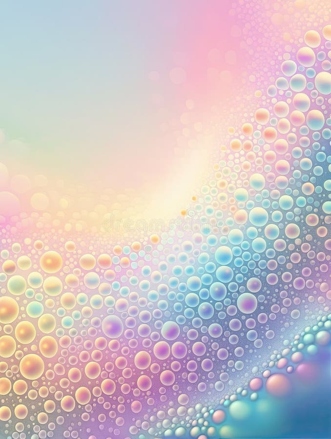 Bule fractice în culori pastel. Multe bule de pe camera din dreapta reflectă tonurile pastelate pașnice ale acestei imagini care se află într-un portret sau orientare verticală cu o copie a camerei spațiale din dreapta sus.