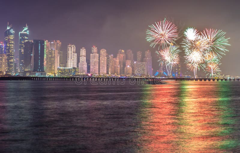 Fraction of Dubai Marina district skyline during National Day celebratory fireworks. Dubai, UAE.
