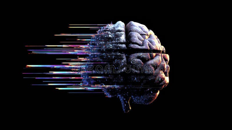Fractured Brain With Glitch Effect Set Against a Dark Gradient Background Displays an Abstract Representation of. A fractured brain appears with a glitch effect, illustrating cognitive disruption. AI generated