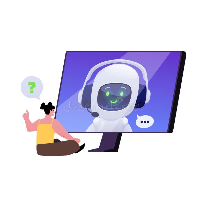 Fragen und Beratung von Mädchen mit Roboter-AI-Assistent zum Computer Vektor-Flachchatbot Kundenservice online Support lizenzfreie abbildung