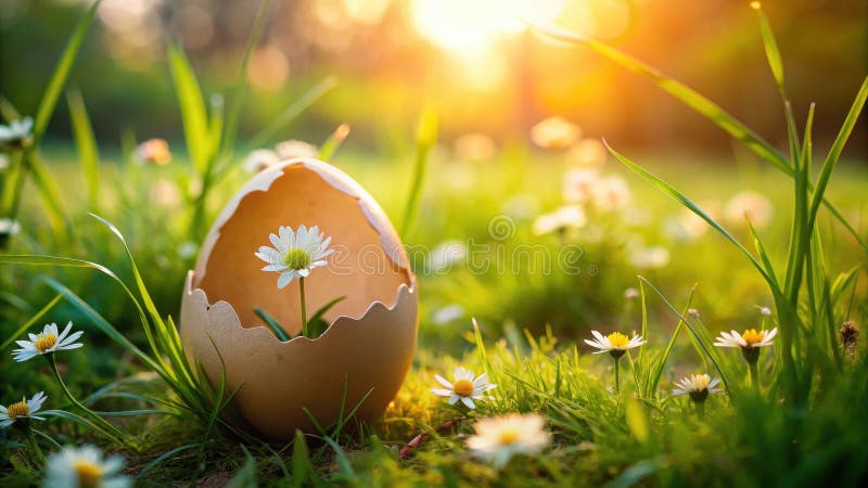 A fragile eggshell rests gently in a vibrant meadow, cradling a delicate daisy that sprouts forth, symbolizing the promise of new stock illustration