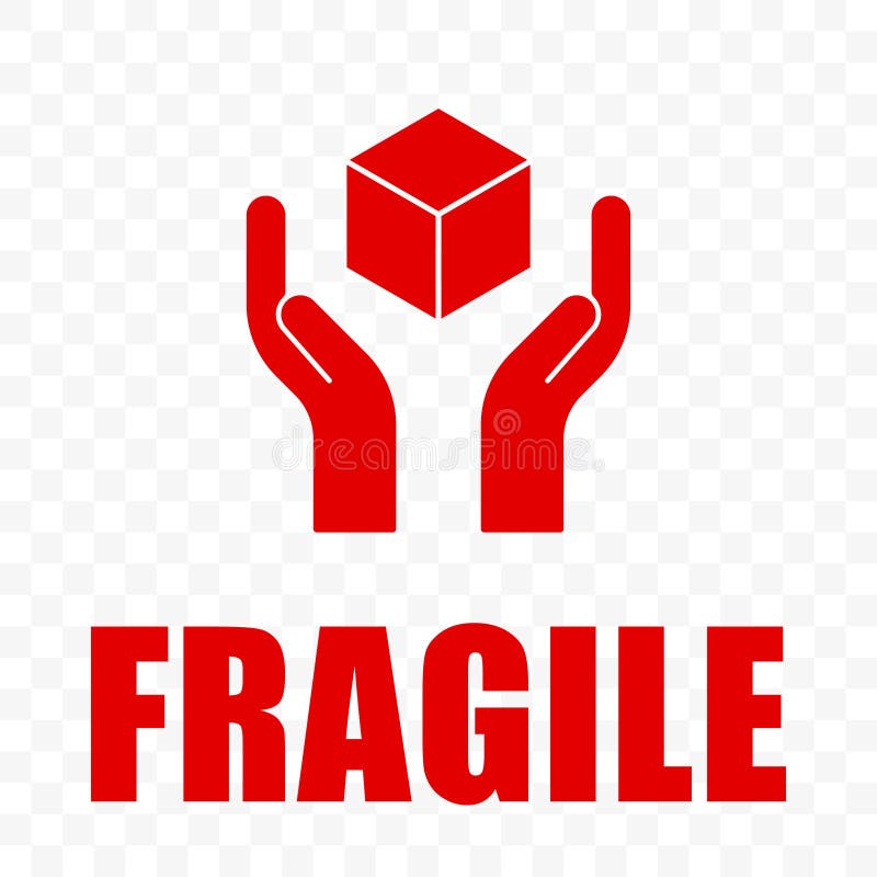 Fragile icon, handle with care logistics shipping. Fragile package delivery, hands and box warning vector sign, isolated royalty free illustration