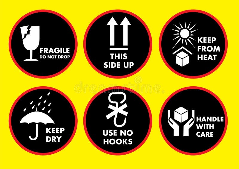 Set of packaging symbols, tableware, plastic, fragile symbols, cardboard  symbols.(this side up, handle with care, fragile, keep dry, keep away from  direct sunlight, do not drop, do not litter) Stock Vector
