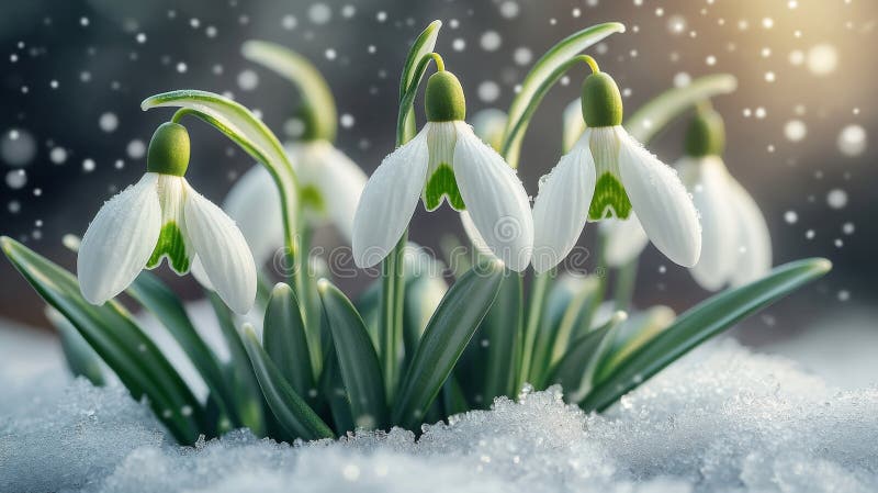 A fragile snowdrop flower emerging from the final patches of melting snow at the onset of spring stock photo
