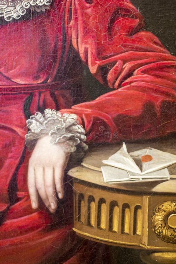 Fragment av arbetsytan `Portrait of Countess P P Kutaisova', konstnären Jan Rombauer Kvinna i en röd klänning Honhand arkivbilder Fragment av arbetsytan `Portrait of Countess P P Kutaisova', konstnären Jan Rombauer Kvinna i en röd klänning Honhand arkivbilder