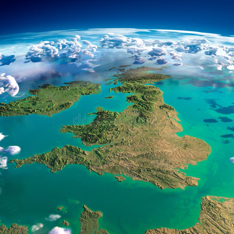 Highly detailed fragments of the planet Earth with exaggerated relief, translucent ocean and clouds, illuminated by the morning sun. United Kingdom and Ireland. Elements of this image furnished by NASA. Highly detailed fragments of the planet Earth with exaggerated relief, translucent ocean and clouds, illuminated by the morning sun. United Kingdom and Ireland. Elements of this image furnished by NASA