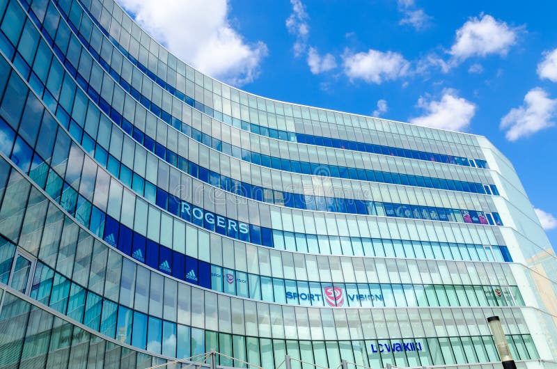 Fragment of building of large modern shopping center Toptani against sky, Tirana, Albania stock images