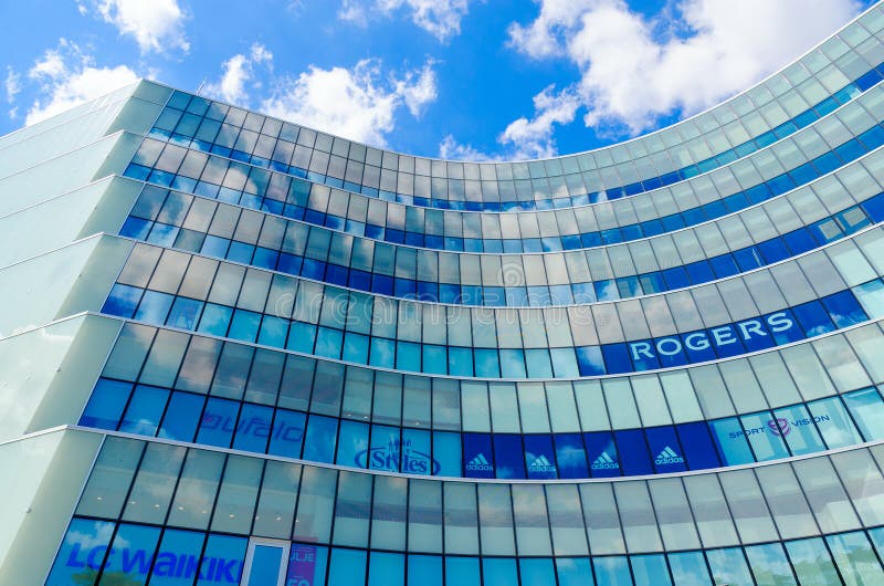 Fragment of building of modern shopping center Toptani against sky, Tirana, Albania royalty free stock images