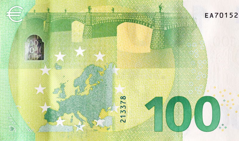 Fragment of one hundred euro money bill. Details of European union currency banknote of 100 euro close up. Fragment of one hundred euro money bill. Details of European union currency banknote of 100 euro close up