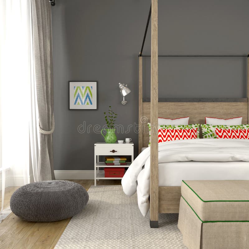 Stylish modern bedroom with the dark gray wall and colorful decoration. Stylish modern bedroom with the dark gray wall and colorful decoration