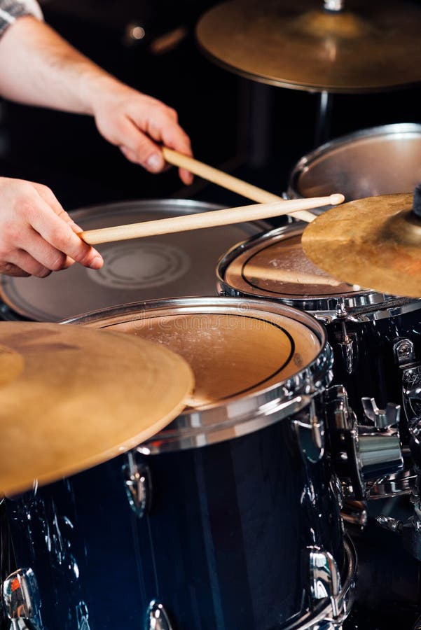 Fragment of a Drum Kit Close Up. the Drummer Beats the Drum. Stock