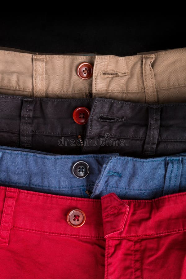 Fragment of Four Cotton Twill Pants Red, Blue, Black, Beige with Open ...