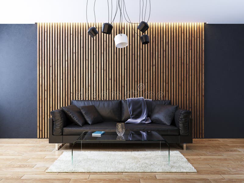 A fragment of interior design of a living room with a leather sofa and wooden battens on the wall..