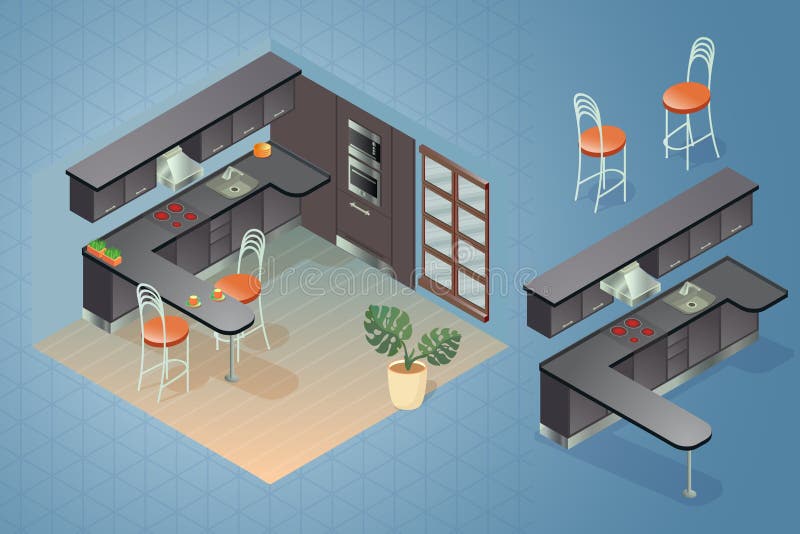 Fragment of the interior with detailed isometric furniture set. stock illustration Fragment of the interior with detailed isometric furniture set. stock illustration